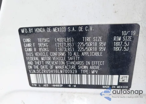 2020 Honda Hr-V 2Wd Sport z USA, uszkodzony, nr VIN 3CZRU5H16LM700929